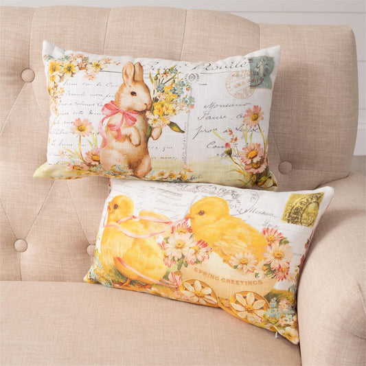 Rabbit & Chicks Vintage Postcard Pillow