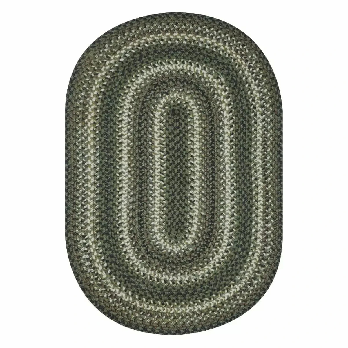 white background with an oval braided rug in shades of dark green, light green, and cream