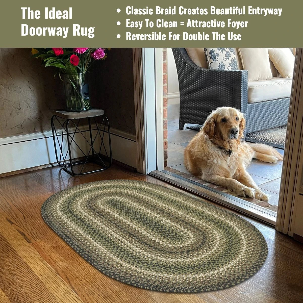 a golden retriever lays in the doorway to the porch with an oval dark green braided rug inside the doorway