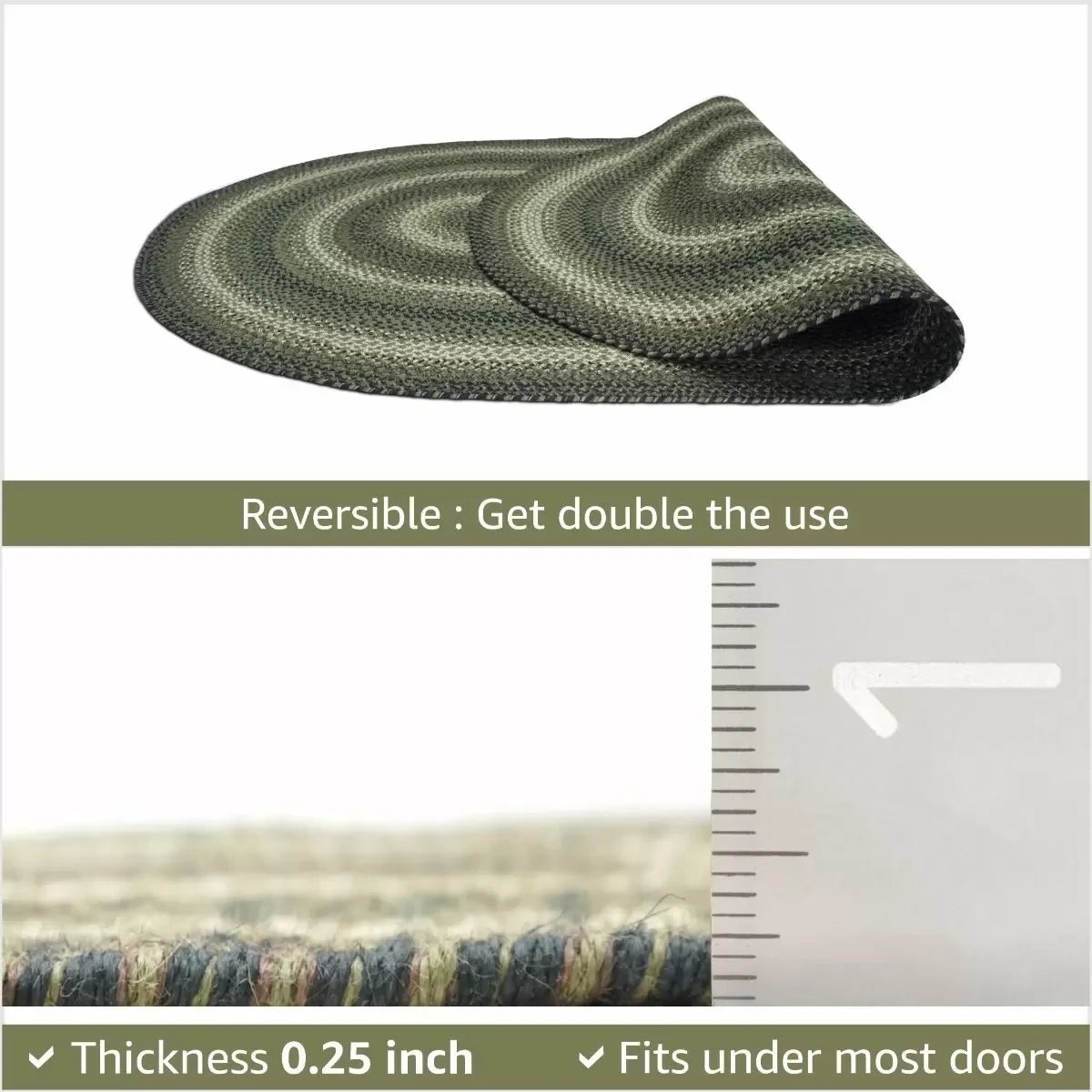 a description of the benefits of jute rugs, the top half shows the rug is reversible, and bottom half shows the .25" thickness of the rug and says Fits under most doors.