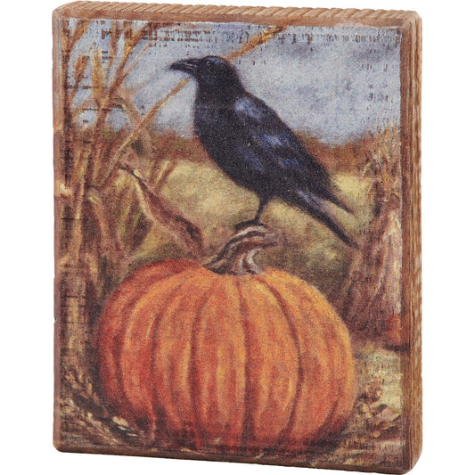 Block Sign Shelf SItter: Raven on Pumpkin