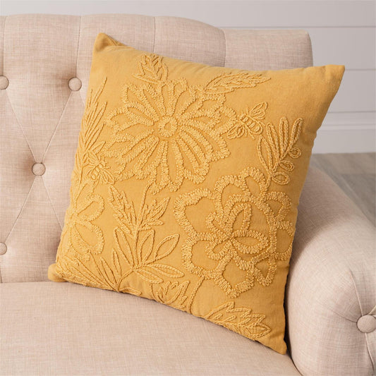 Embroidered Stonewashed Bee Yellow Pillow