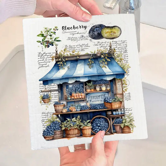 Swedish Dish Cloth: Vintage Blueberry Fruit Cart Market