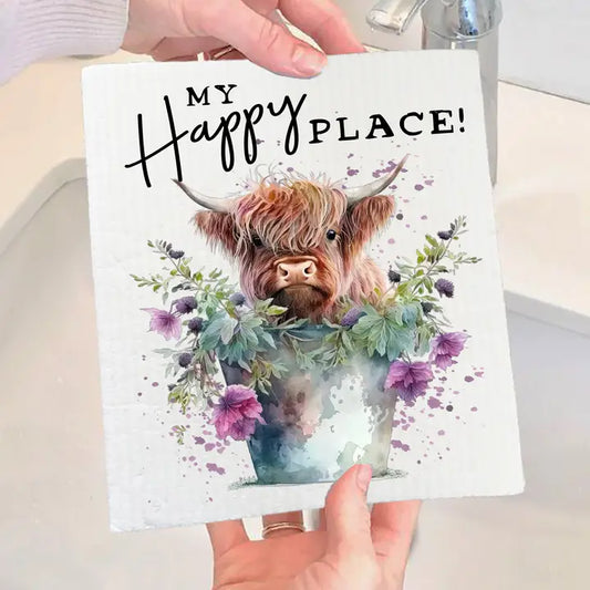 Swedish Dish Cloth: Highland Cow, My Happy Place
