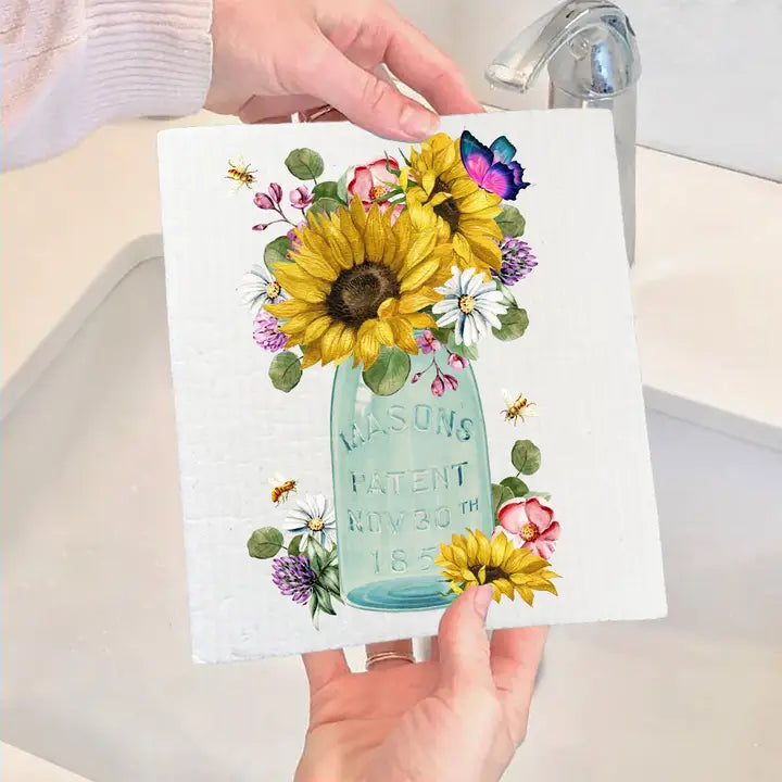 Swedish Dish Cloth: Country Farmhouse Mason Jar Sunflowers