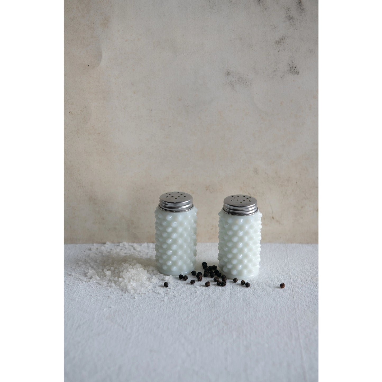 Set of 2 White Hobnail Glass Salt & Pepper Shakers